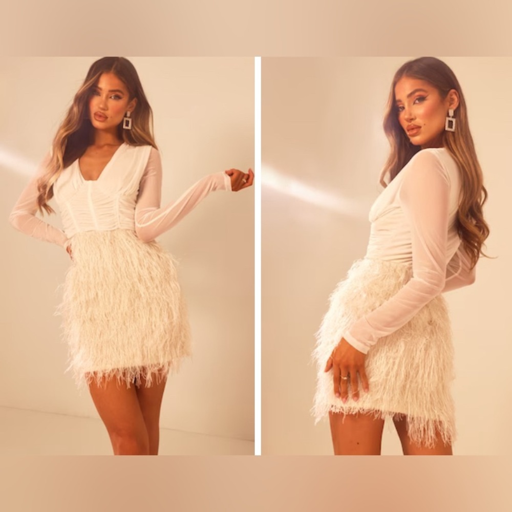NWT PRETTY LITTLE THING White Cup Detail Faux Feather Bodycon Dress, size 2